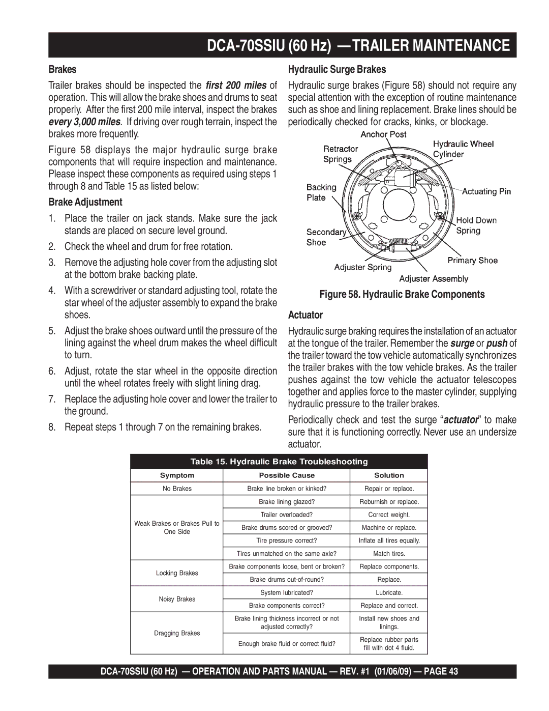Multiquip M2870300504 operation manual DCA-70SSIU 60 Hz -TRAILER Maintenance, Brake Adjustment, Hydraulic Surge Brakes 