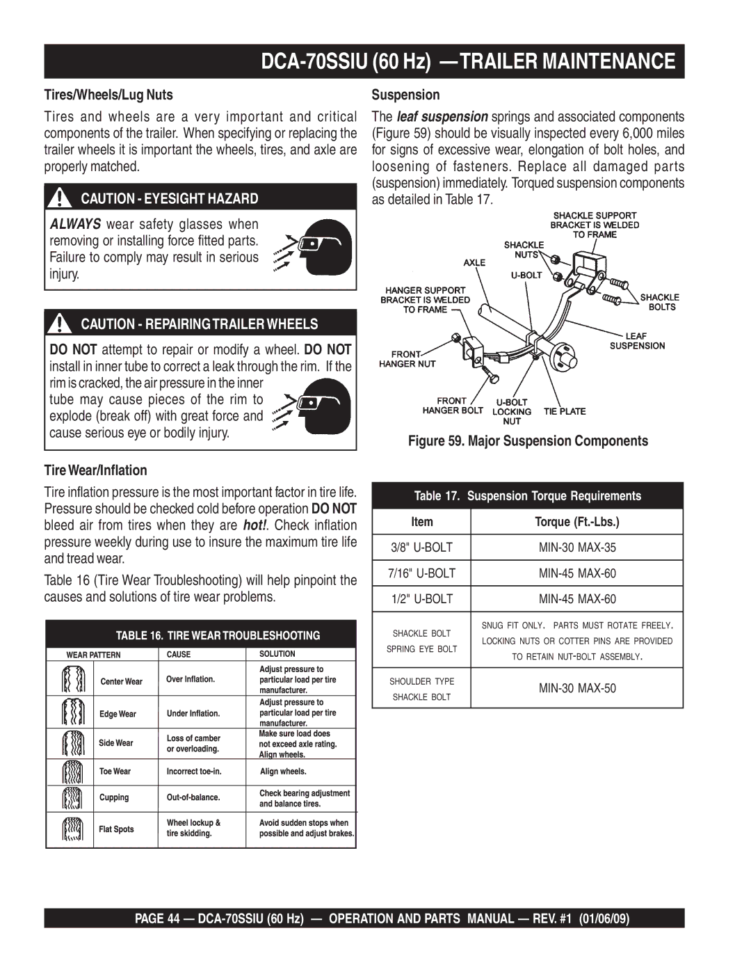 Multiquip M2870300504 operation manual Tires/Wheels/Lug Nuts, TireWear/Inflation, Suspension 