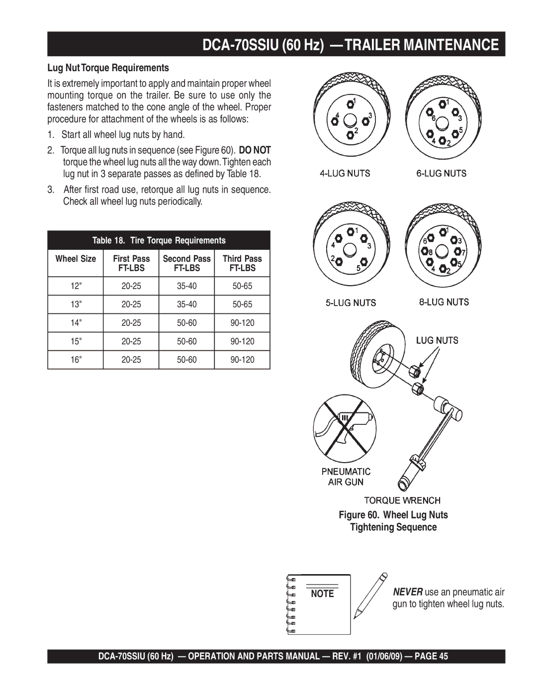 Multiquip M2870300504 DCA-70SSIU 60 Hz -TRAILER Maintenance, Lug Nut Torque Requirements, Start all wheel lug nuts by hand 