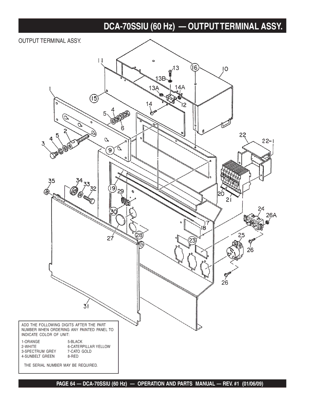 Multiquip M2870300504 operation manual DCA-70SSIU 60 Hz Outputterminal Assy, Output Terminal Assy 