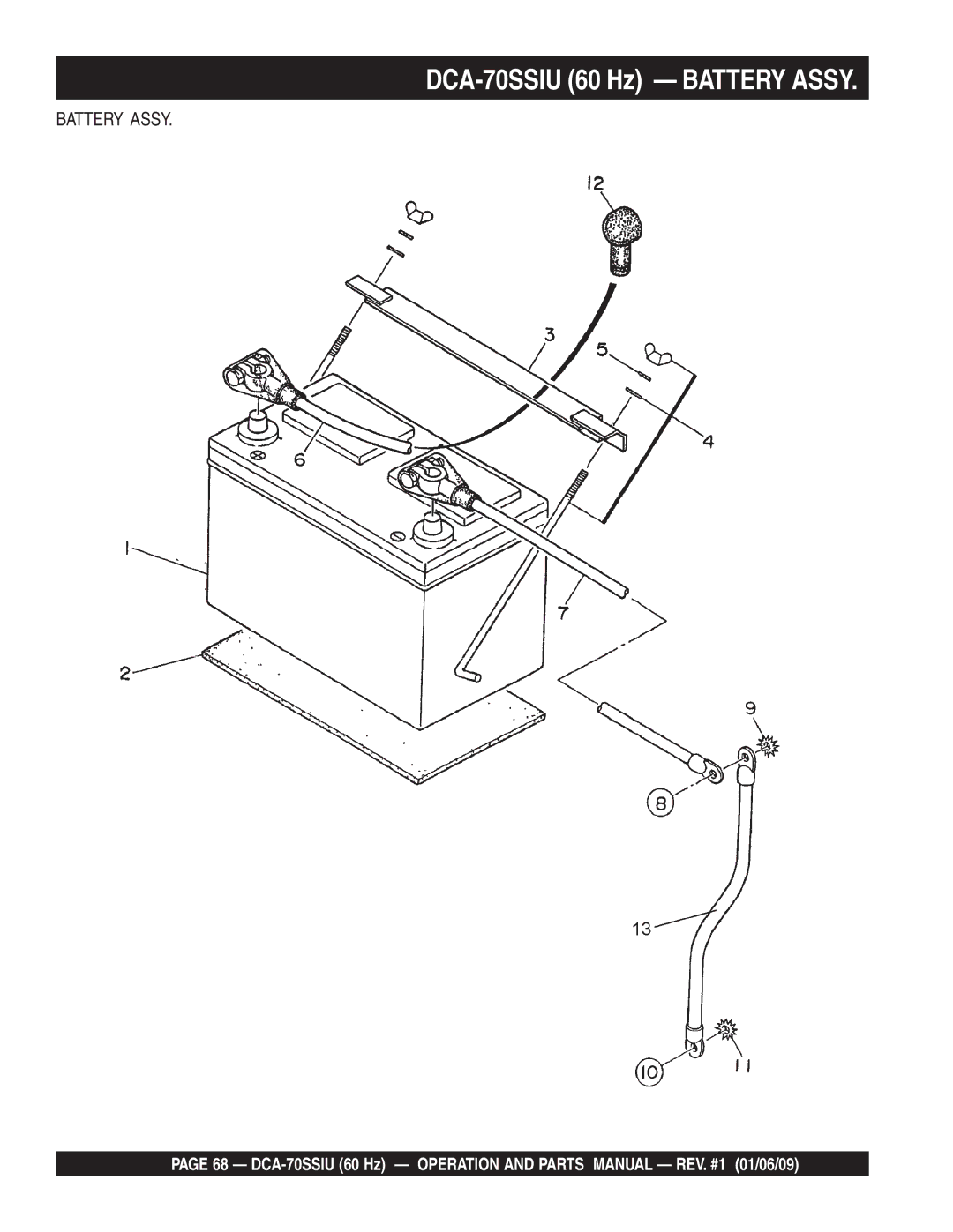 Multiquip M2870300504 operation manual DCA-70SSIU 60 Hz Battery Assy 