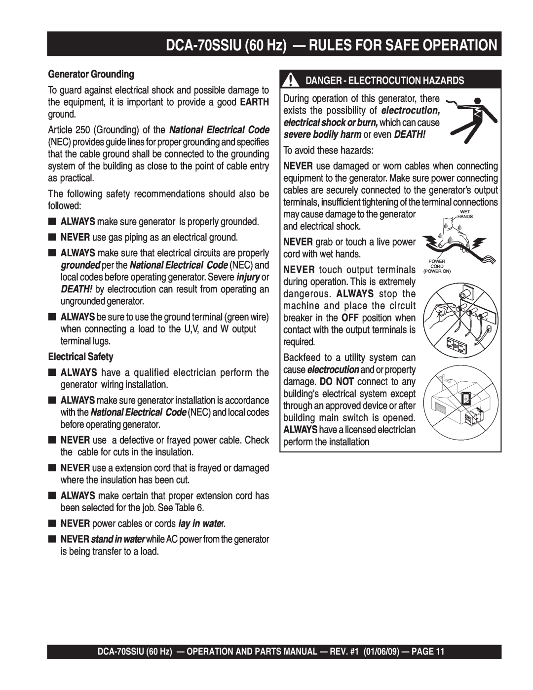 Multiquip M2870300504 operation manual DCA-70SSIU 60 Hz - RULES FOR SAFE OPERATION, Generator Grounding, Electrical Safety 