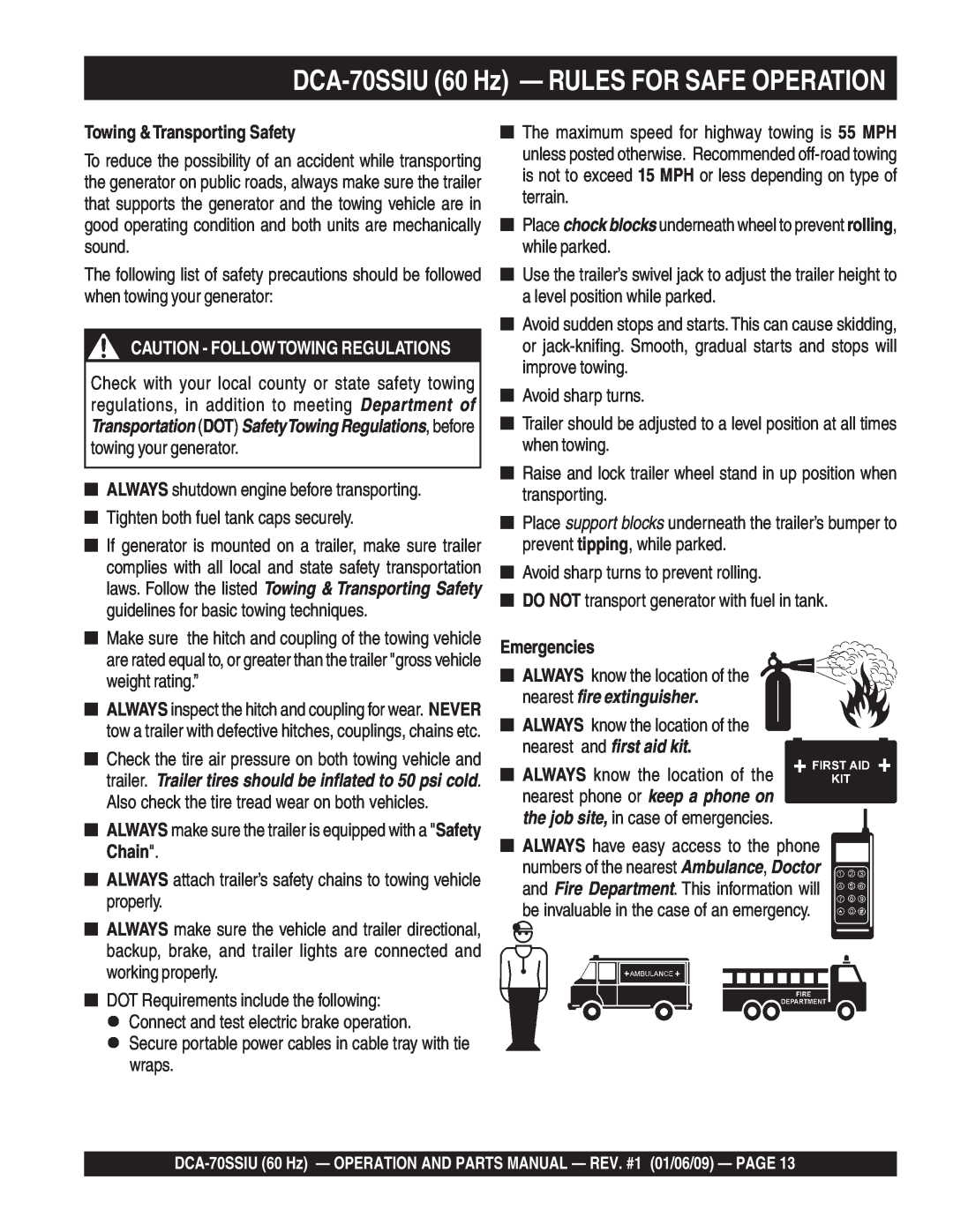 Multiquip M2870300504 Towing &Transporting Safety, Emergencies, DCA-70SSIU 60 Hz - RULES FOR SAFE OPERATION 