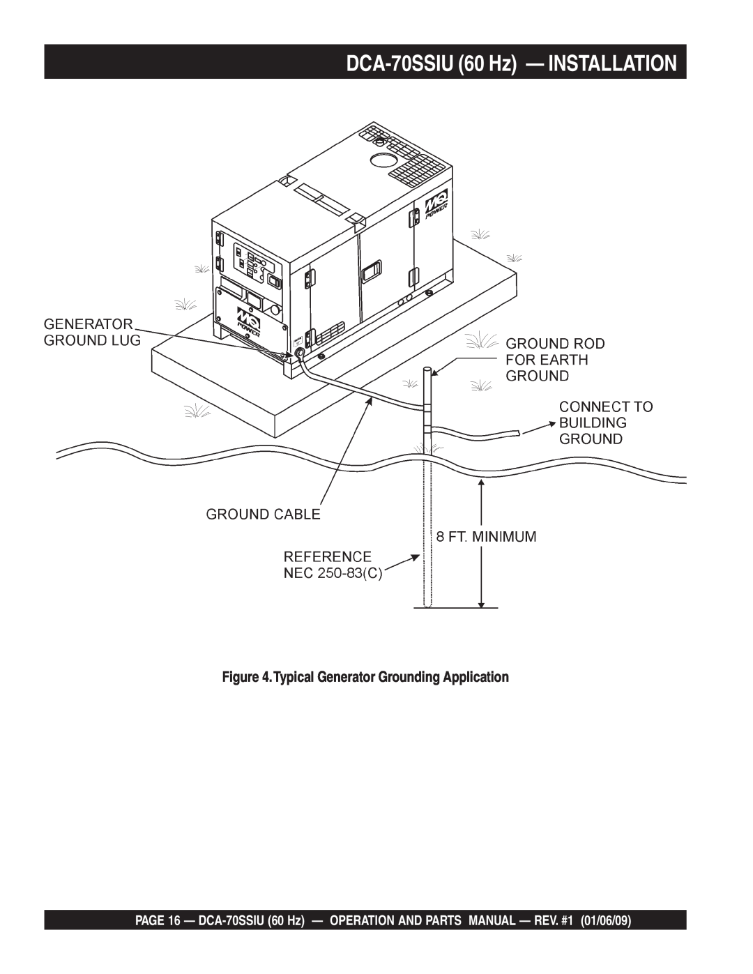 Multiquip M2870300504 operation manual DCA-70SSIU 60 Hz - INSTALLATION, Typical Generator Grounding Application 