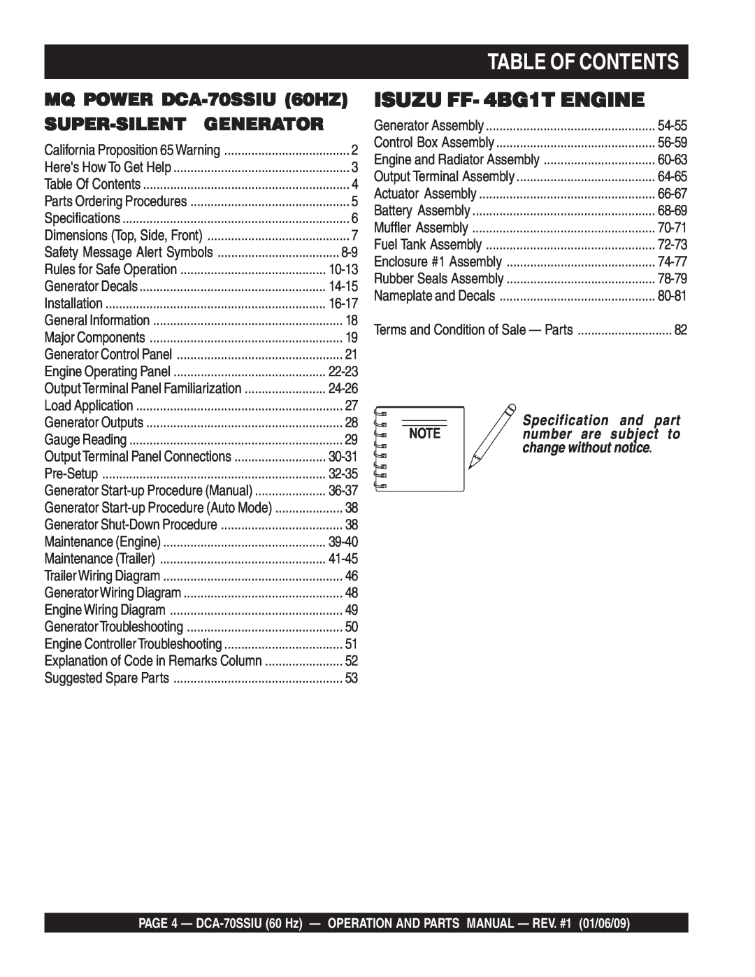 Multiquip M2870300504 operation manual Table Of Contents, ISUZU FF- 4BG1T ENGINE, Specification and part 