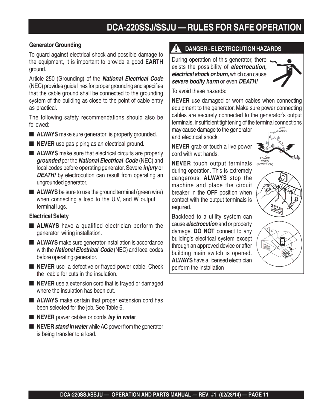 Multiquip C1870300404, M4870300104B DCA-220SSJ/SSJU Rules for Safe Operation, Generator Grounding, Electrical Safety 