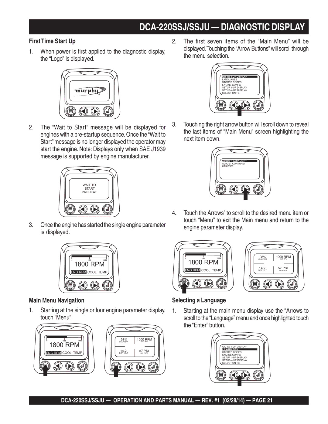 Multiquip C1870300404 DCA-220SSJ/SSJU Diagnostic Display, First Time Start Up, Next item down, Main Menu Navigation 