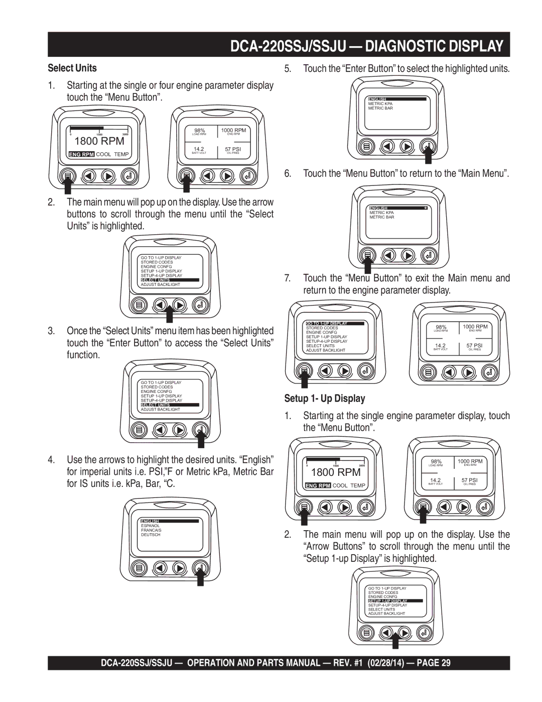 Multiquip C1870300404, M4870300104B operation manual Select Units, Setup 1- Up Display 