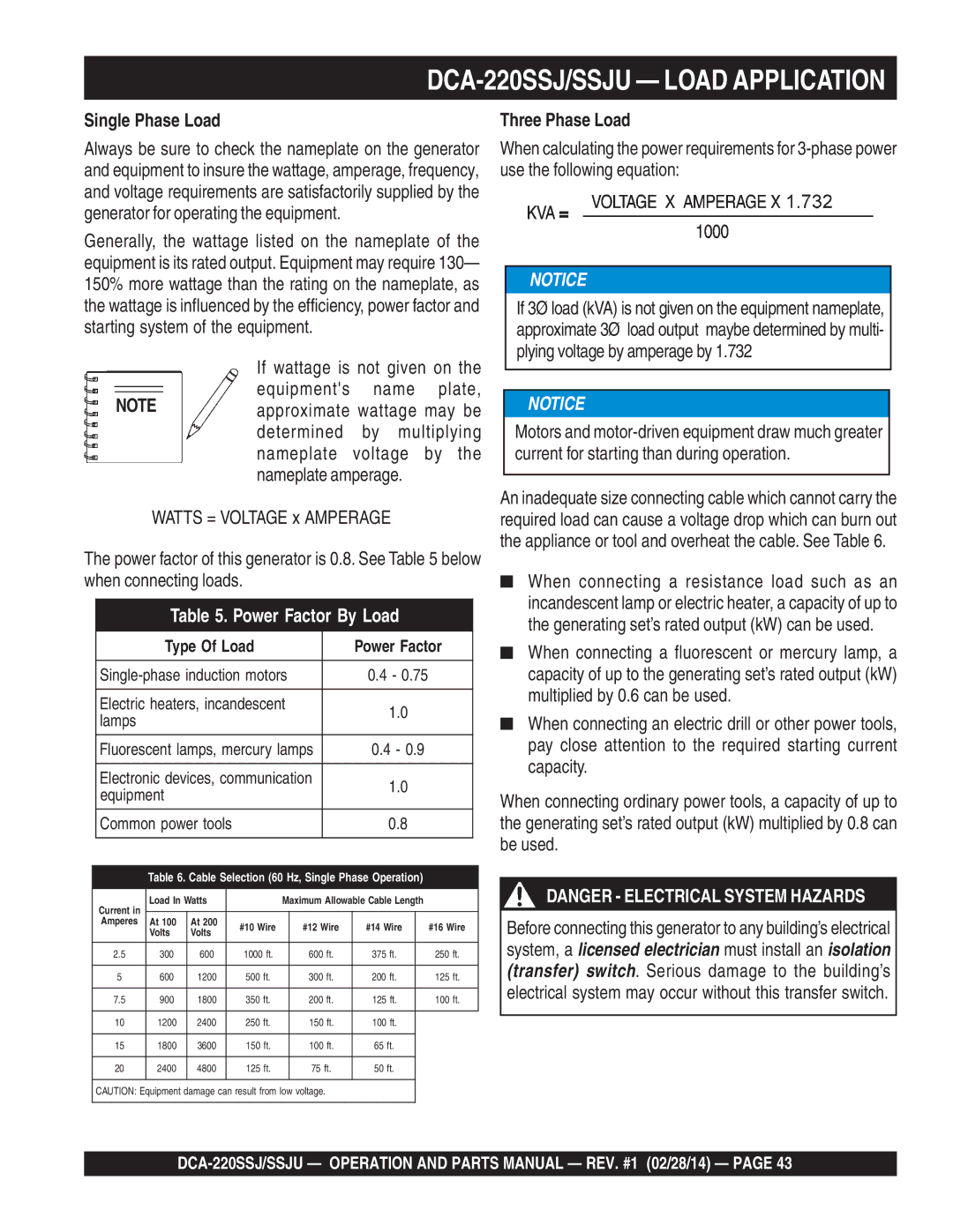 Multiquip C1870300404, M4870300104B operation manual DCA-220SSJ/SSJU Load Application, Single Phase Load, Three Phase Load 