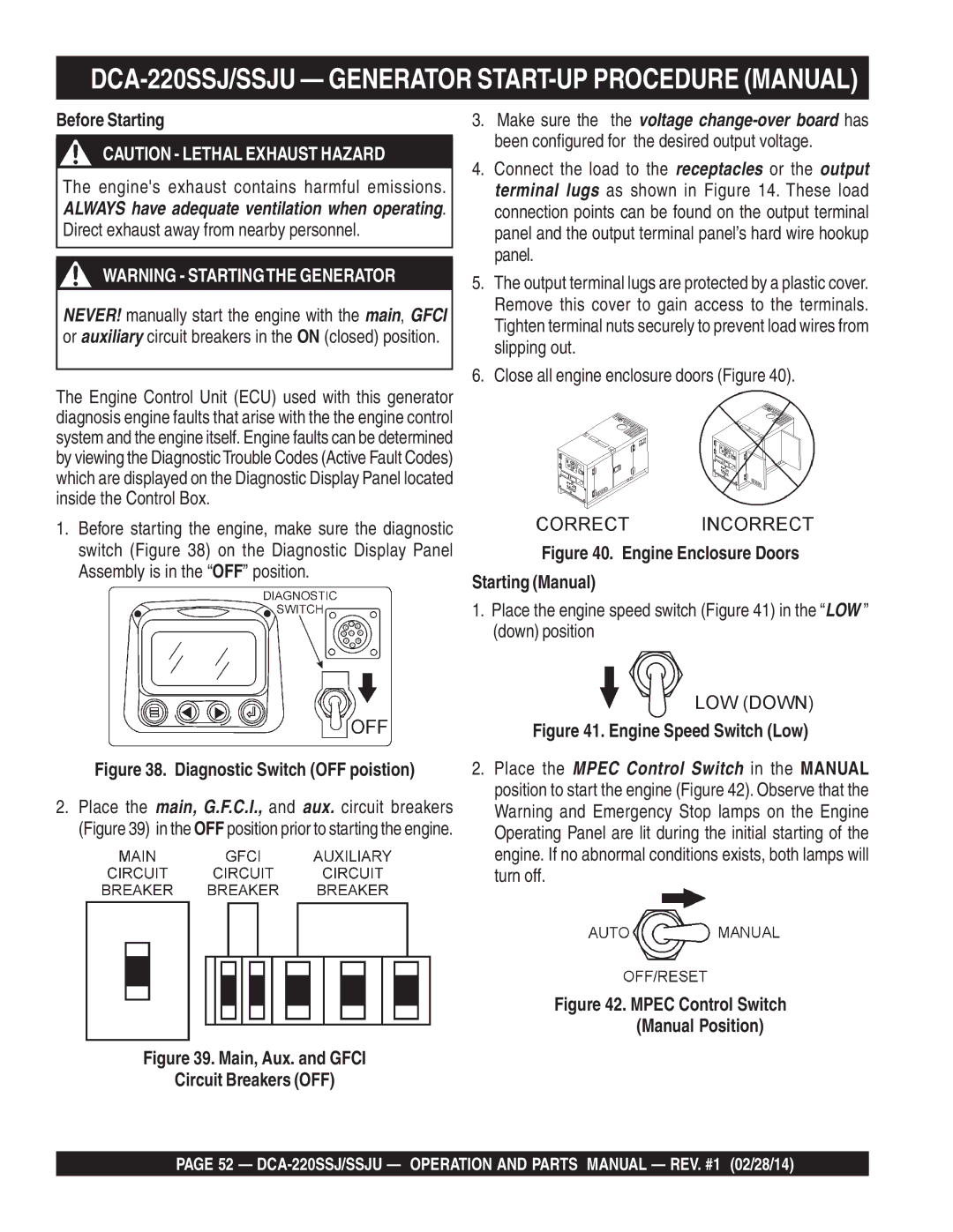 Multiquip M4870300104B, C1870300404 operation manual DCA-220SSJ/SSJU Generator START-UP Procedure Manual, Before Starting 