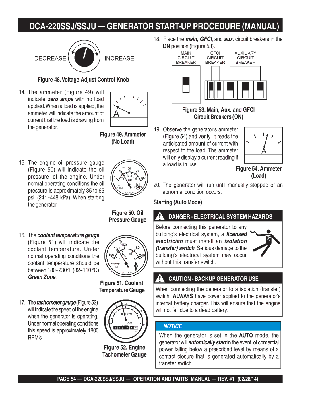 Multiquip M4870300104B, C1870300404 operation manual No Load, Tachometer Gauge, Starting Auto Mode 