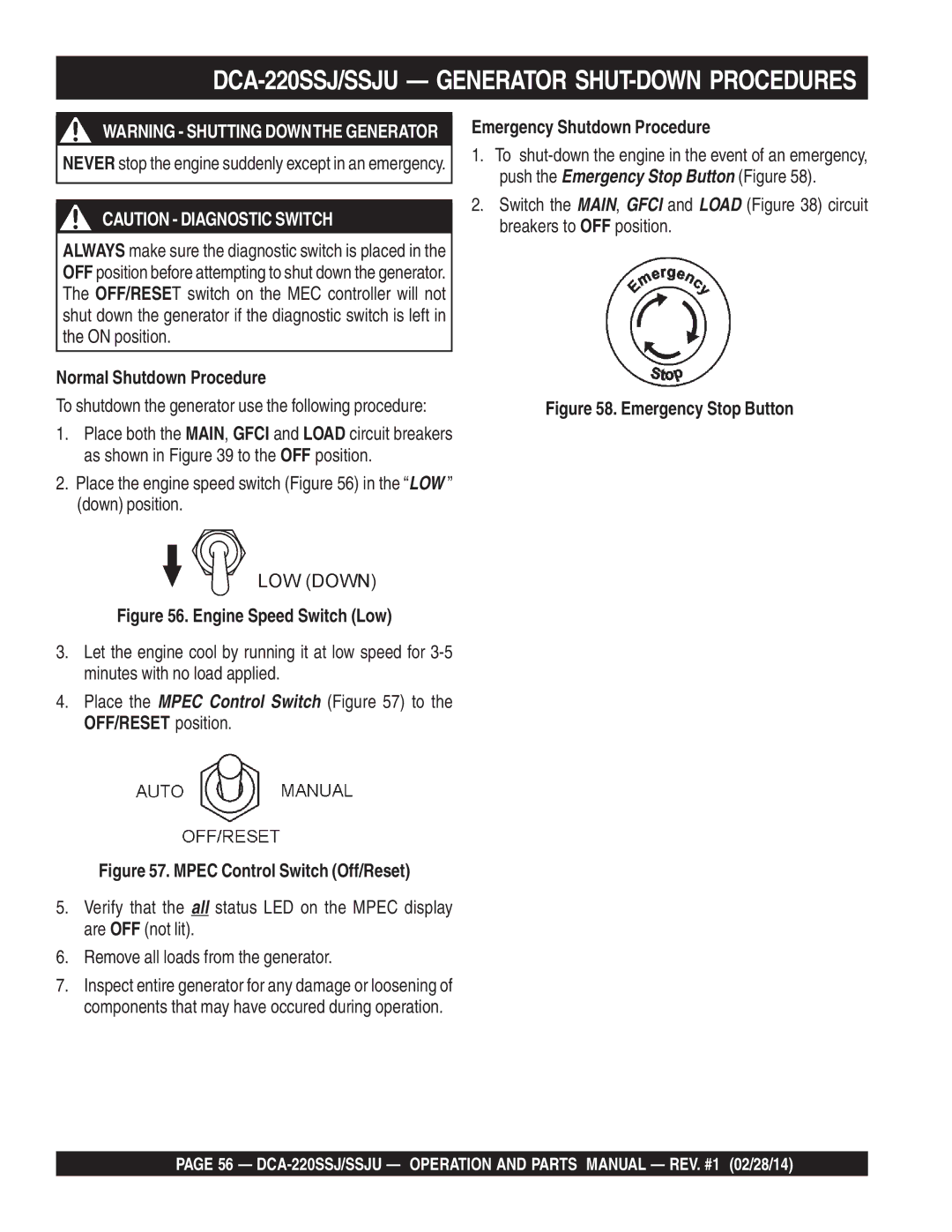 Multiquip M4870300104B, C1870300404 operation manual Normal Shutdown Procedure, Emergency Shutdown Procedure 