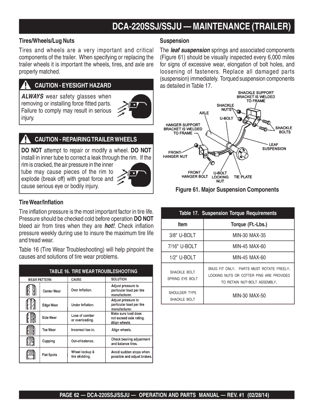 Multiquip M4870300104B, C1870300404 operation manual Tires/Wheels/Lug Nuts, TireWear/Inflation, Suspension 