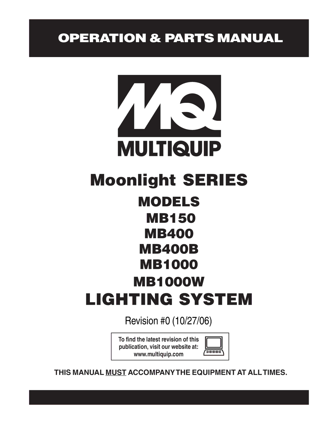 Multiquip MB400B, MB150, MB1000W manual Lighting System 