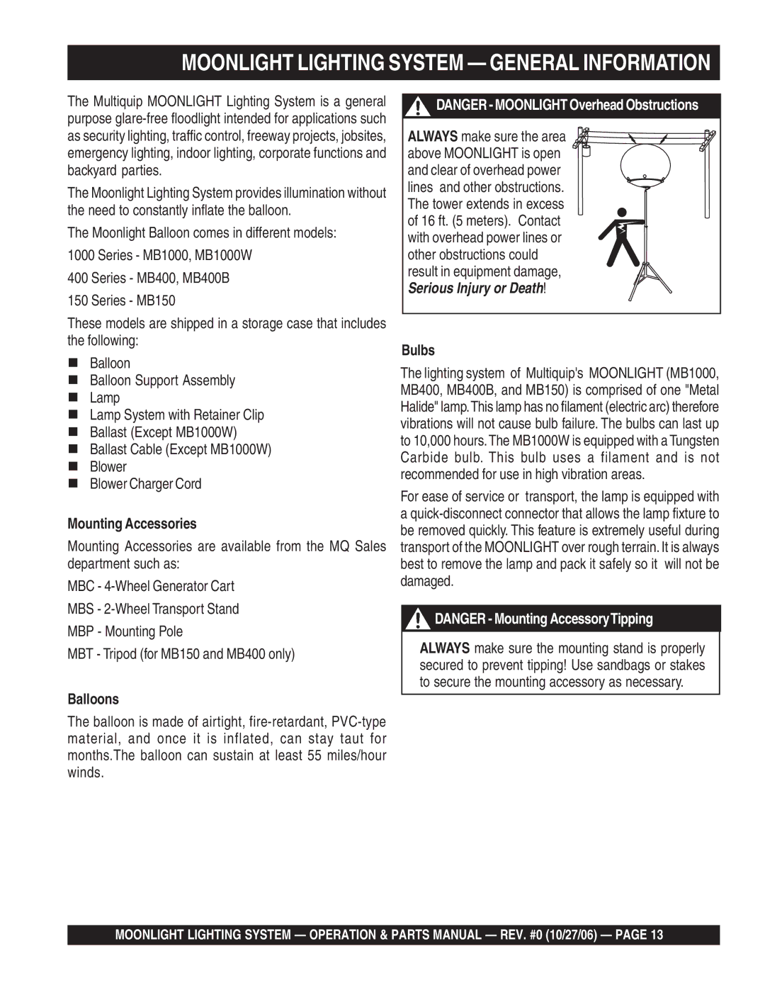 Multiquip MB1000W, MB400B, MB150 manual Moonlight Lighting System General Information, Mounting Accessories 