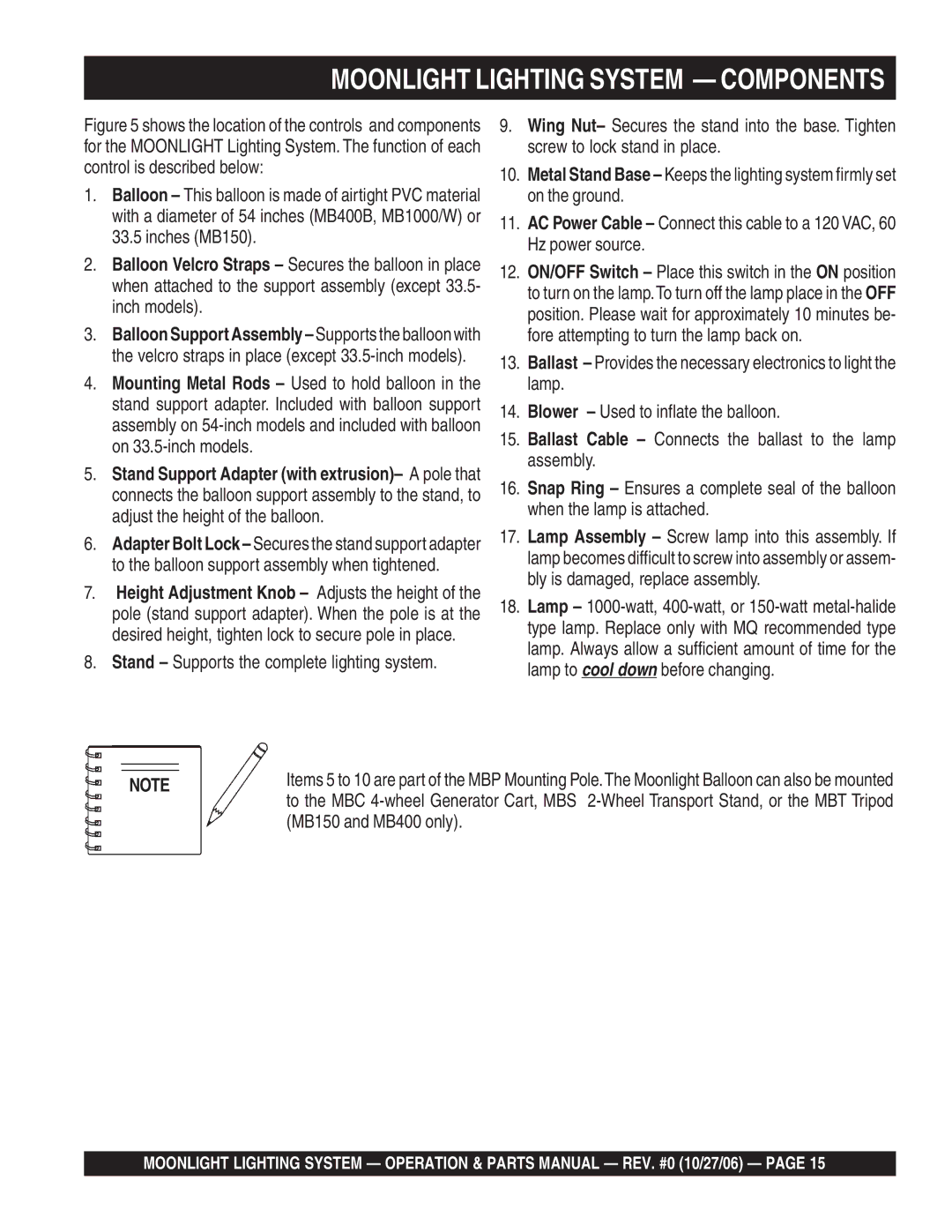 Multiquip MB400B, MB150, MB1000W manual Moonlight Lighting System Components 