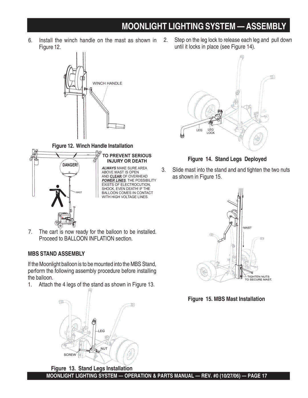 Multiquip MB150, MB400B, MB1000W manual Moonlight Lighting System Assembly, MBS Stand Assembly 