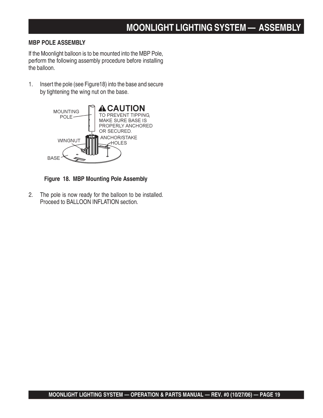 Multiquip MB400B, MB150, MB1000W manual Moonlight Lighting System Assembly, MBP Pole Assembly 