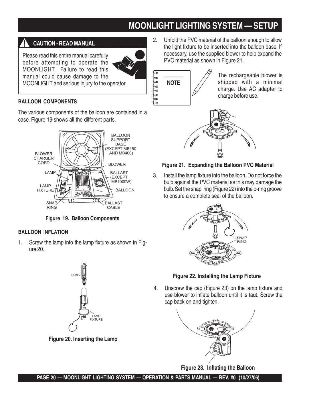 Multiquip MB400B, MB150, MB1000W manual Moonlight Lighting System Setup 