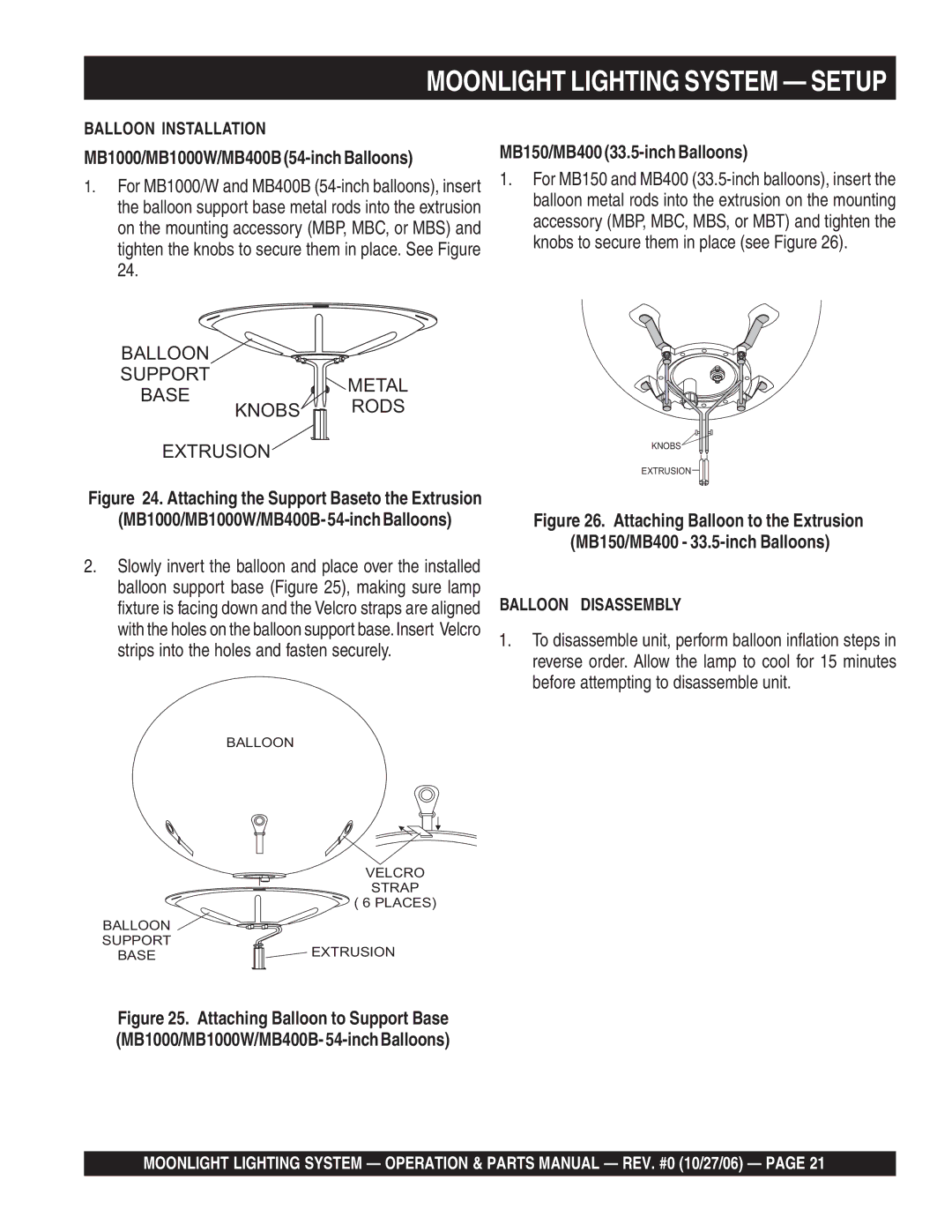 Multiquip MB400B, MB150, MB1000W manual Moonlight Lighting System Setup 