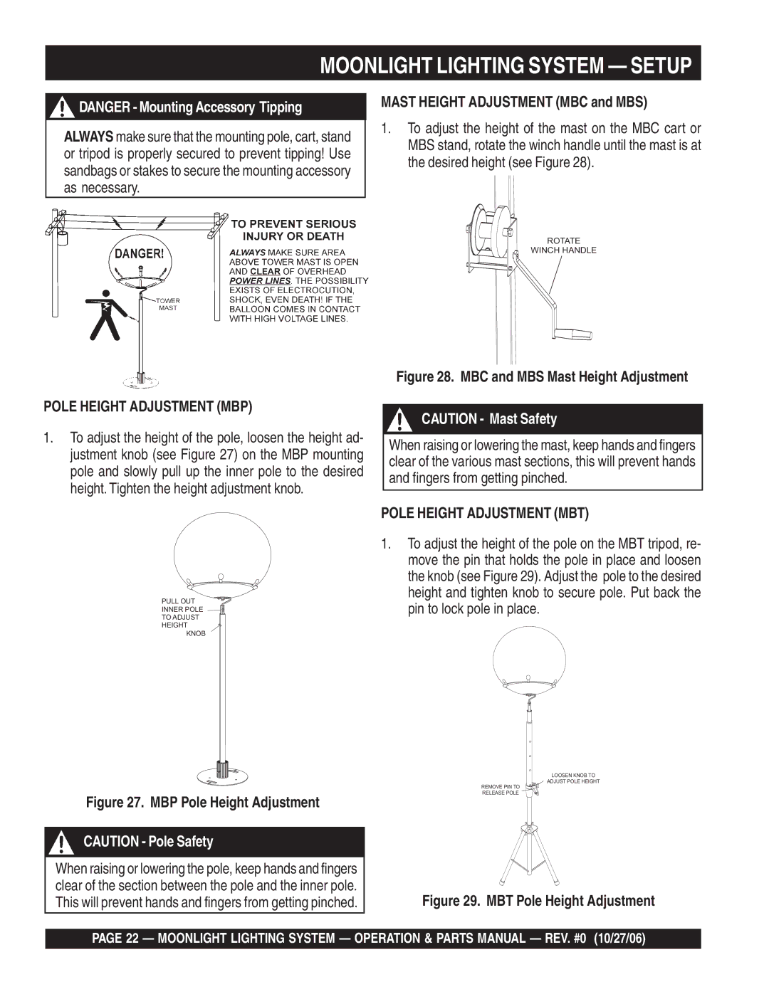 Multiquip MB150, MB400B, MB1000W manual Pole Height Adjustment MBP, Pole Height Adjustment MBT 