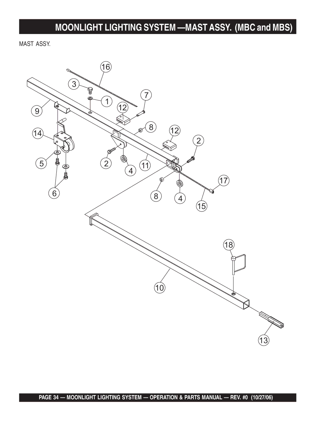 Multiquip MB400B, MB150, MB1000W manual Moonlight Lighting System -MAST ASSY. MBC and MBS 