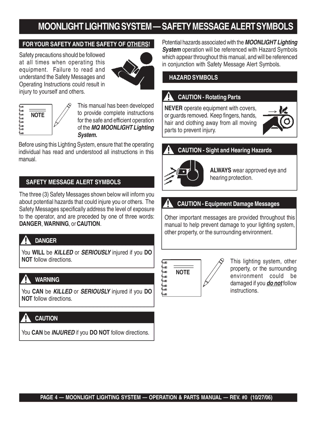 Multiquip MB1000, MB400B, MB150 Moonlightlightingsystem-Safetymessagealertsymbols, Foryour Safety and the Safety of Others 