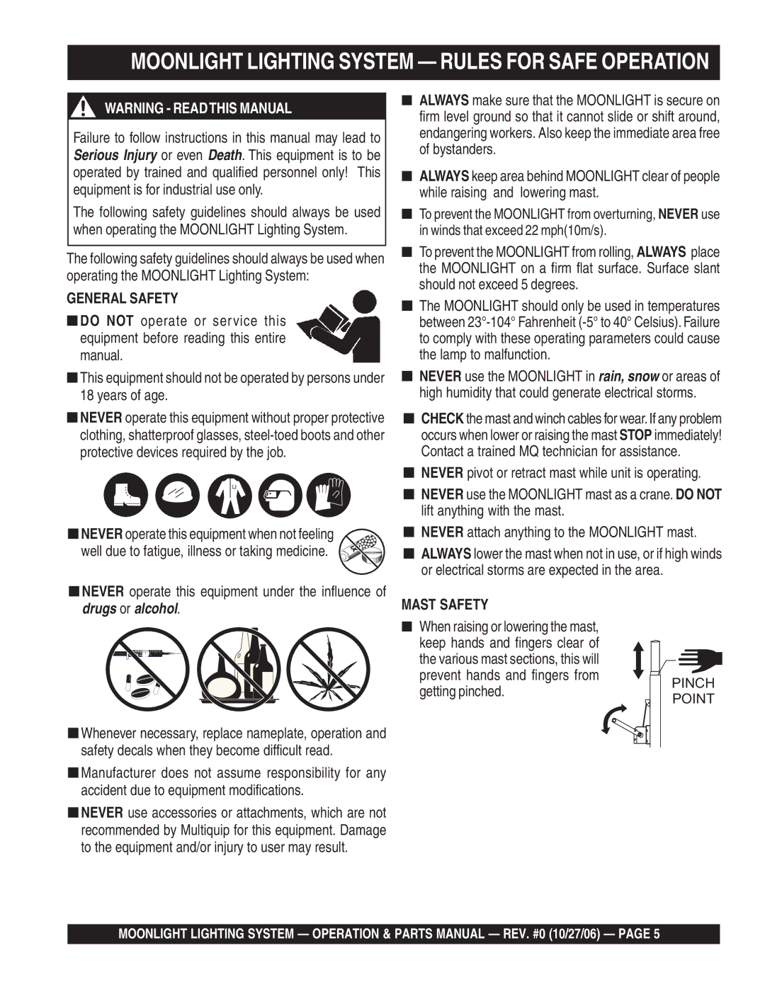 Multiquip MB400B, MB150, MB1000W manual Moonlight Lighting System Rules for Safe Operation, General Safety, Mast Safety 