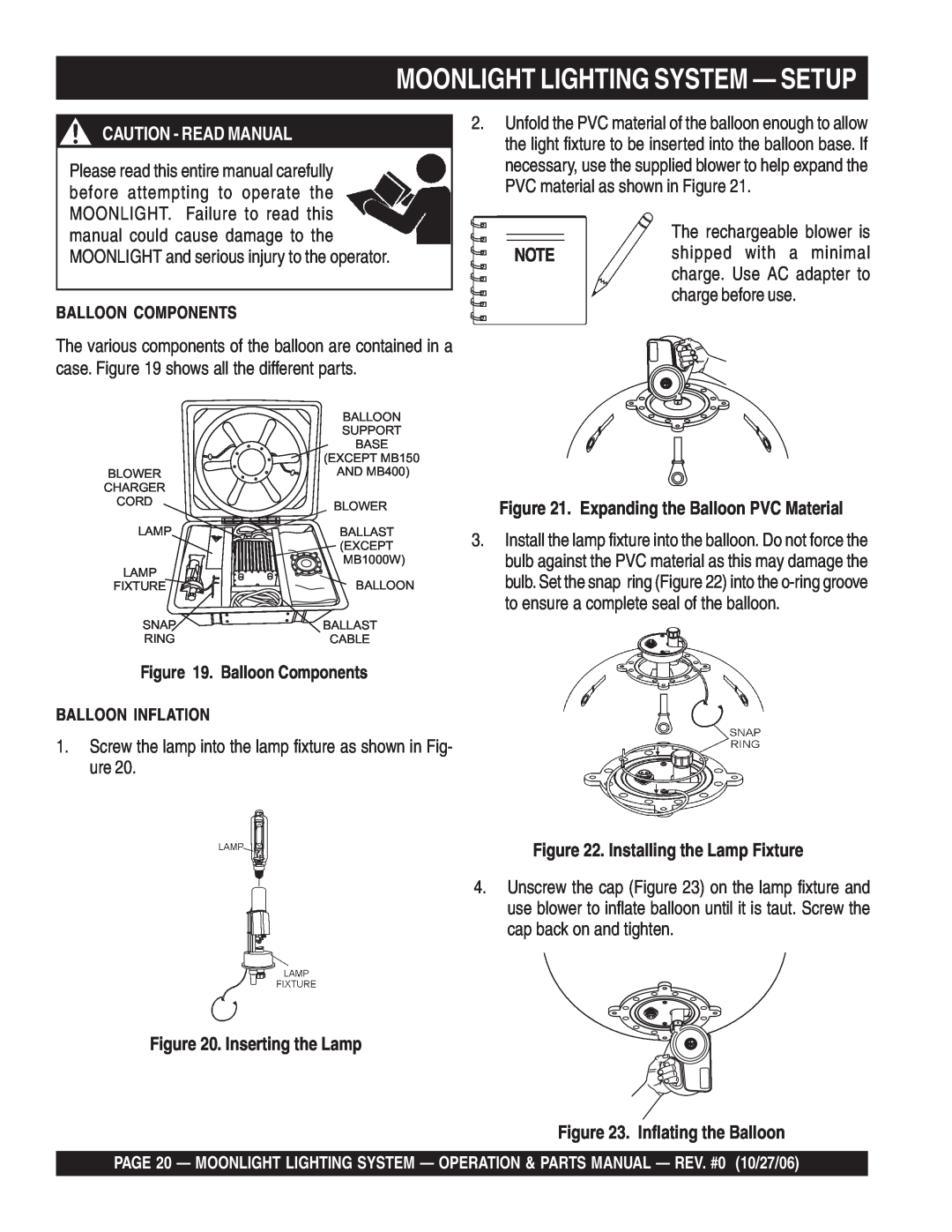Multiquip MB400B, MB150 manual Moonlight Lighting System - Setup, Caution - Read Manual, Expanding the Balloon PVC Material 