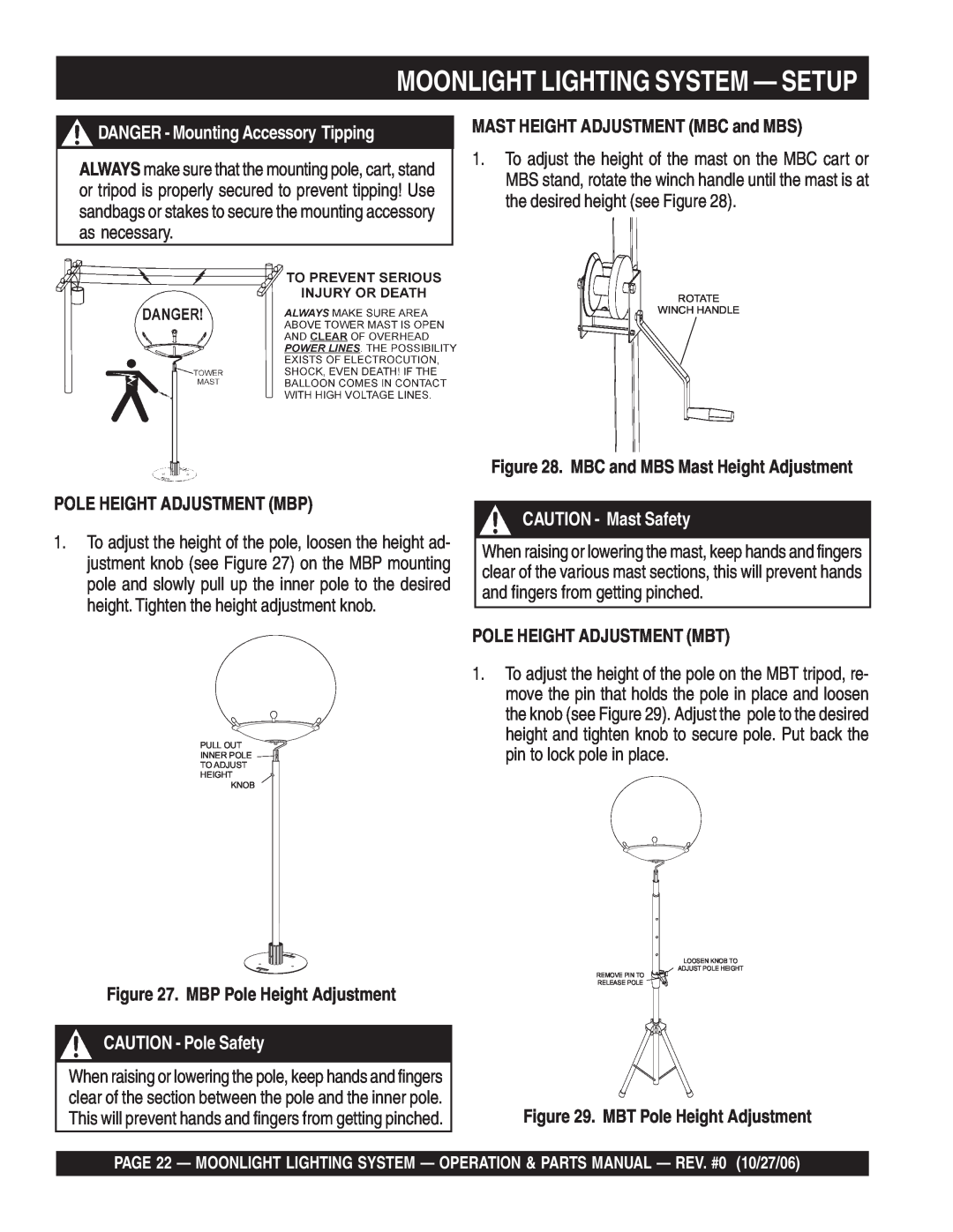 Multiquip MB150 Moonlight Lighting System - Setup, DANGER - Mounting Accessory Tipping, MAST HEIGHT ADJUSTMENT MBC and MBS 