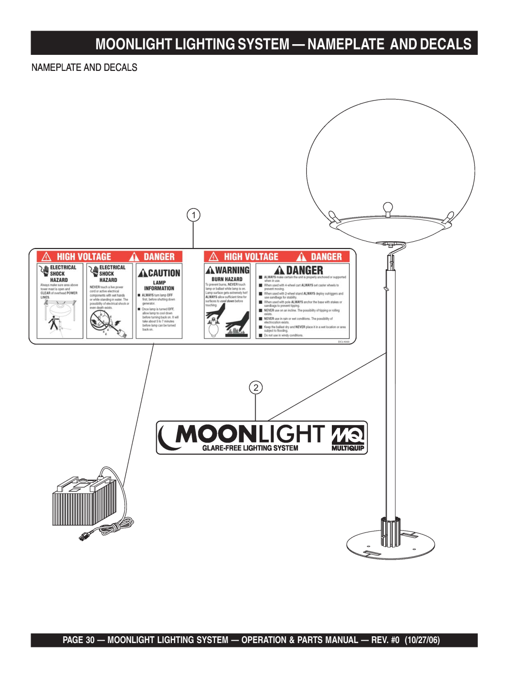 Multiquip MB400B, MB150, MB1000W manual Moonlight Lighting System - Nameplate And Decals 