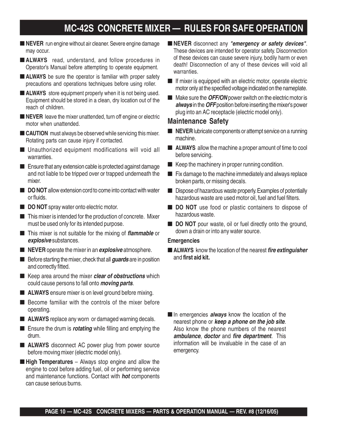 Multiquip manual MC-42S Concrete Mixer Rules for Safe Operation, Emergencies 