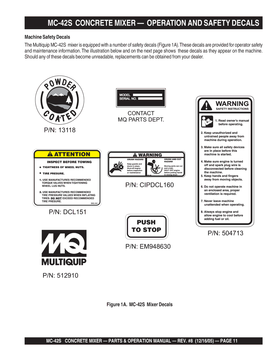 Multiquip manual Machine Safety Decals, MC-42S Mixer Decals 