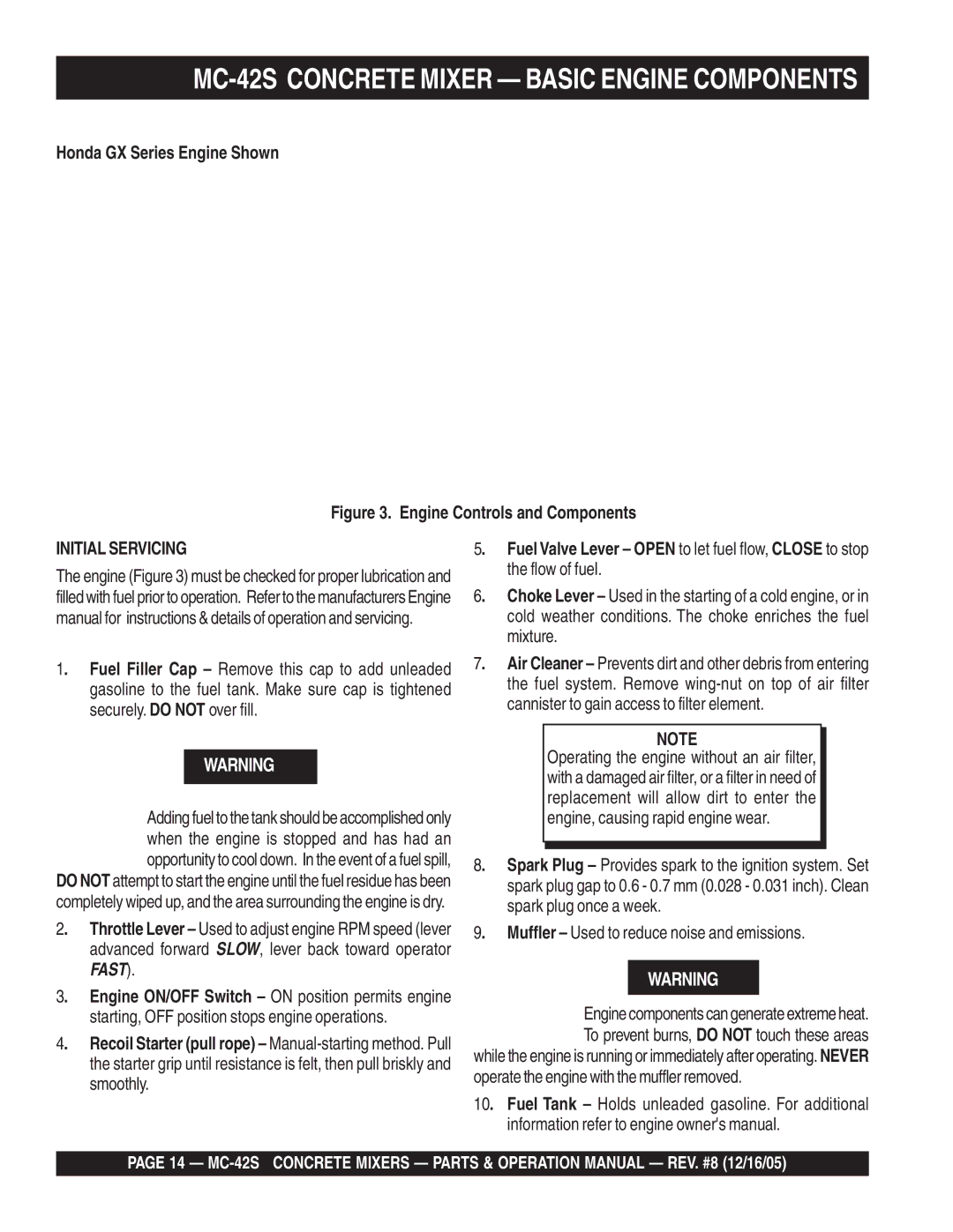 Multiquip manual MC-42S Concrete Mixer Basic Engine Components, Starting, OFF position stops engine operations 