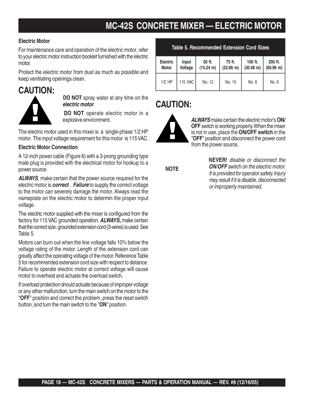 Multiquip MC-42S manual Electric Motor Connection 