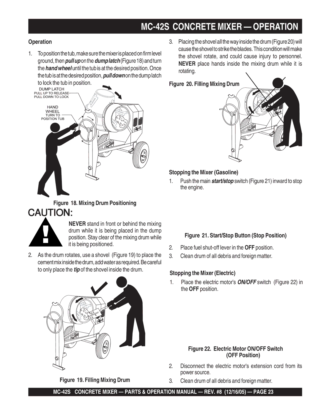 Multiquip manual MC-42S Concrete Mixer Operation, Stopping the Mixer Electric 