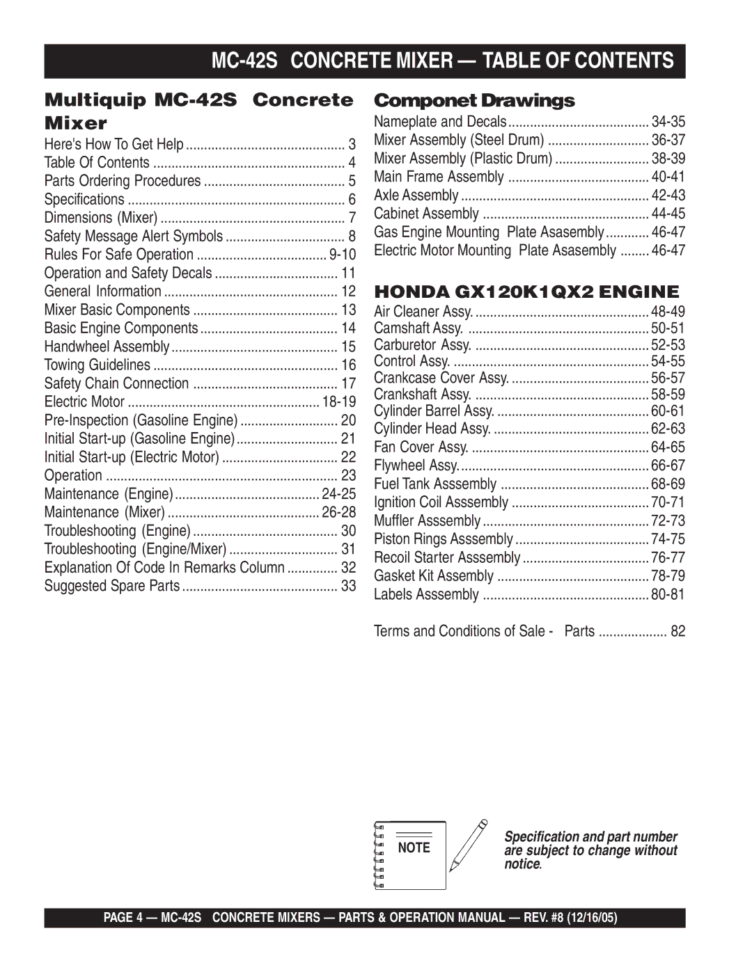 Multiquip manual MC-42S Concrete Mixer Table of Contents 