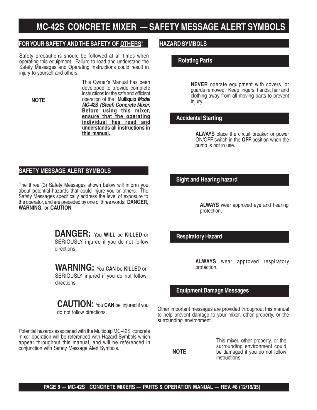 Multiquip manual MC-42S Concrete Mixer Safety Message Alert Symbols, Foryour Safety and the Safety of Others 