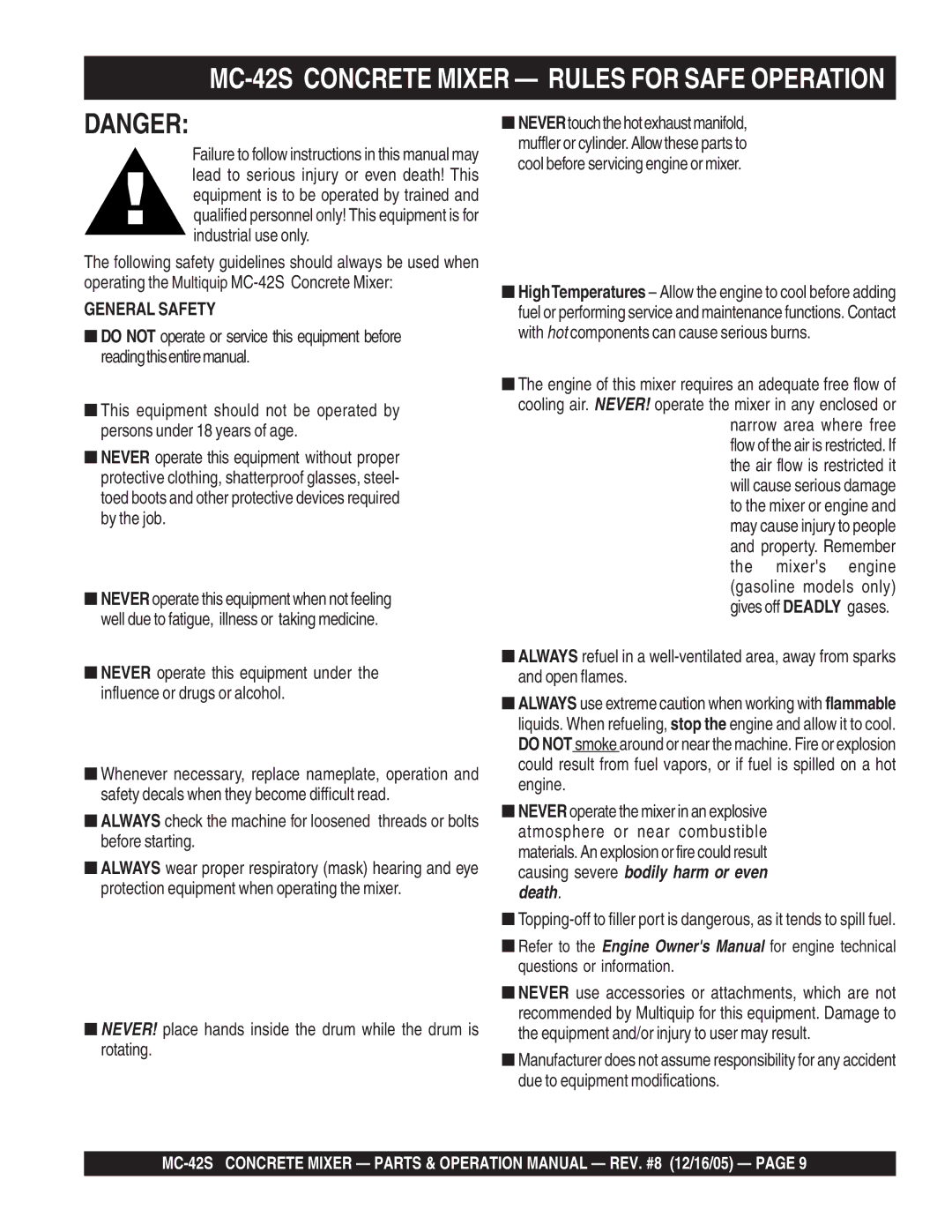 Multiquip manual MC-42S Concrete Mixer Rules for Safe Operation 