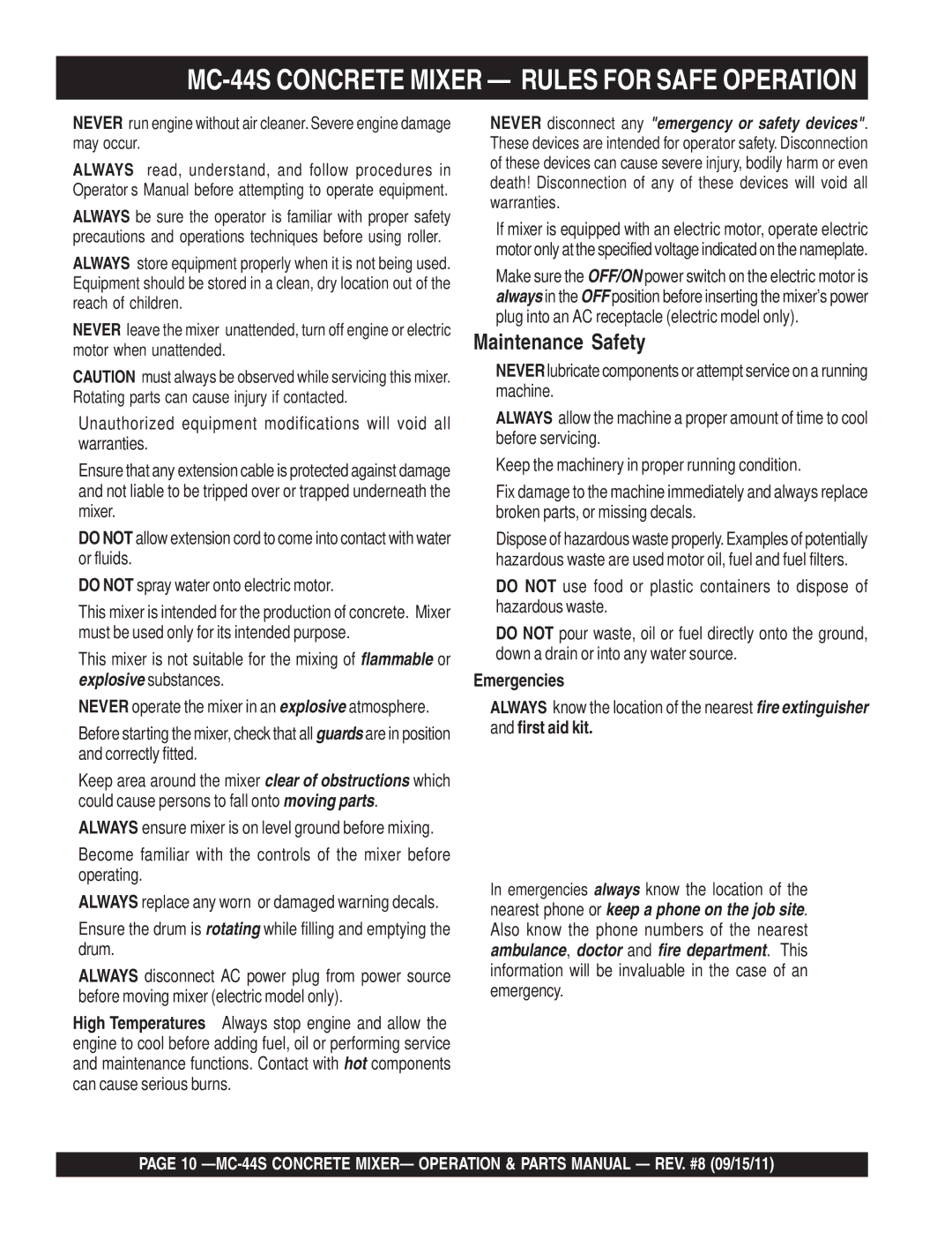 Multiquip manual MC-44S Concrete Mixer Rules for Safe Operation, Emergencies 