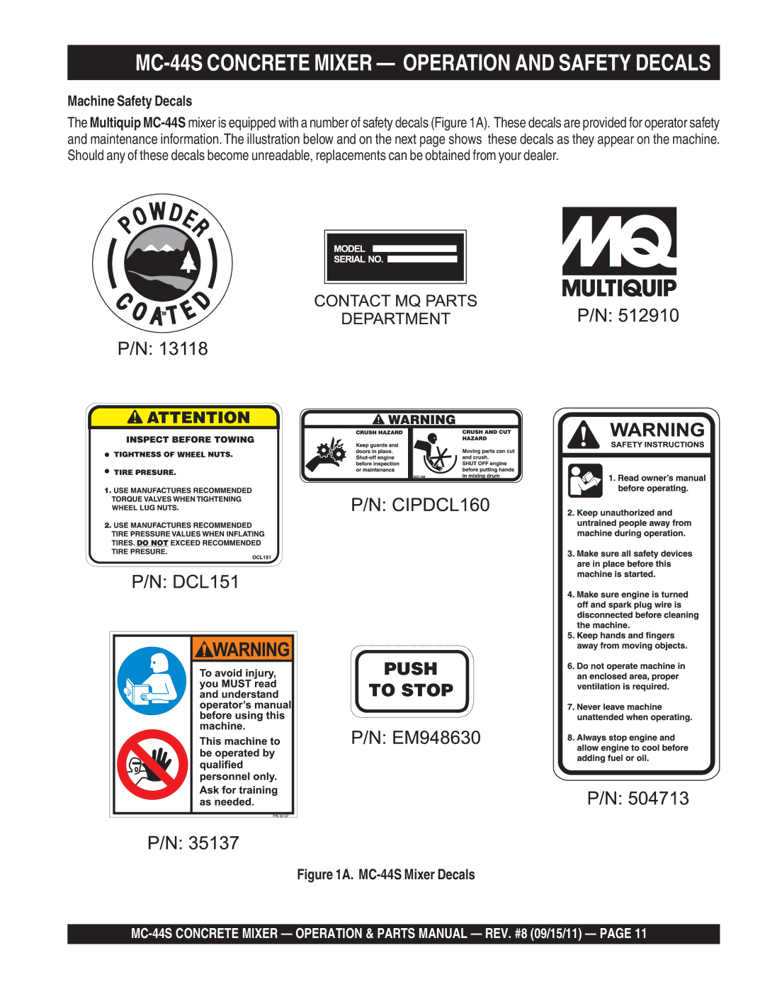 Multiquip manual Machine Safety Decals, MC-44S Mixer Decals 