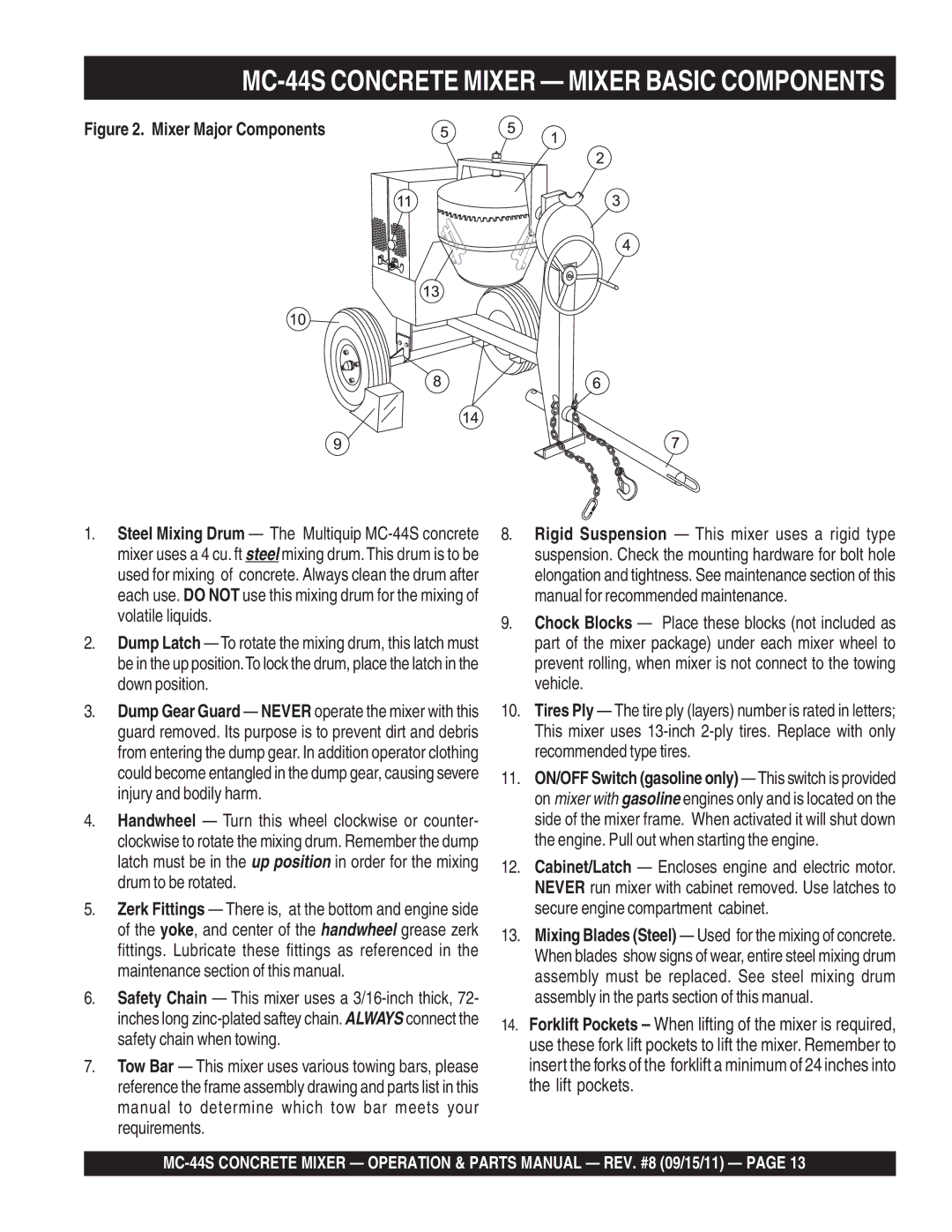 Multiquip manual MC-44S Concrete Mixer Mixer Basic Components, Mixer Major Components 