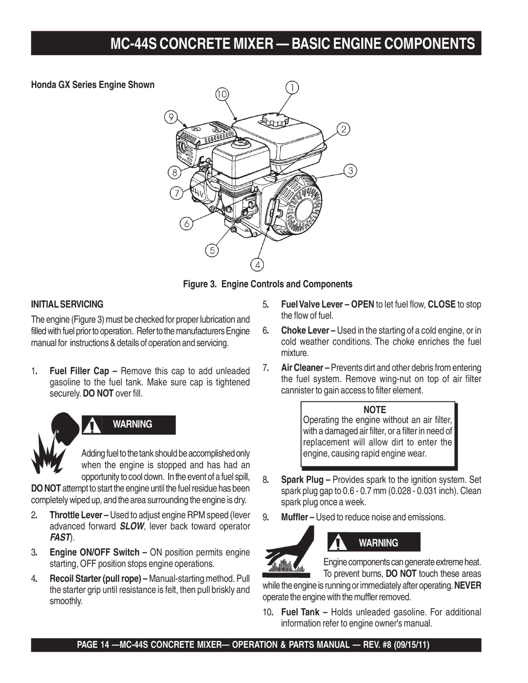 Multiquip manual MC-44S Concrete Mixer Basic Engine Components, Engine Controls and Components 