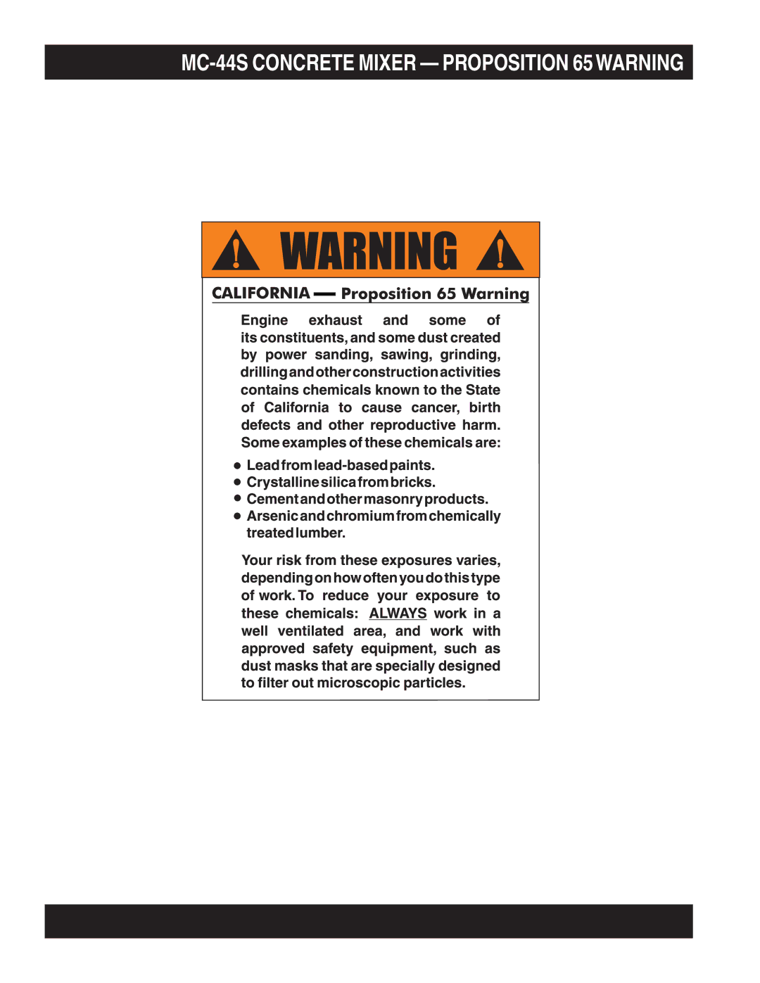 Multiquip manual MC-44S Concrete Mixer Proposition 65WARNING 