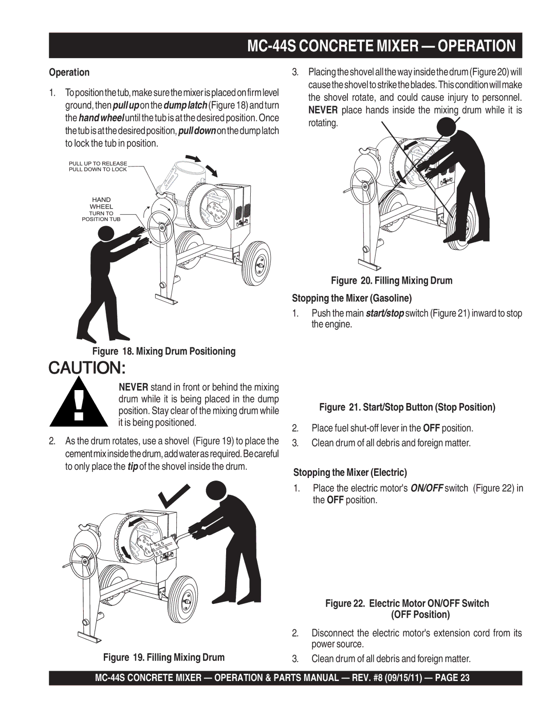 Multiquip manual MC-44S Concrete Mixer Operation, Stopping the Mixer Electric 