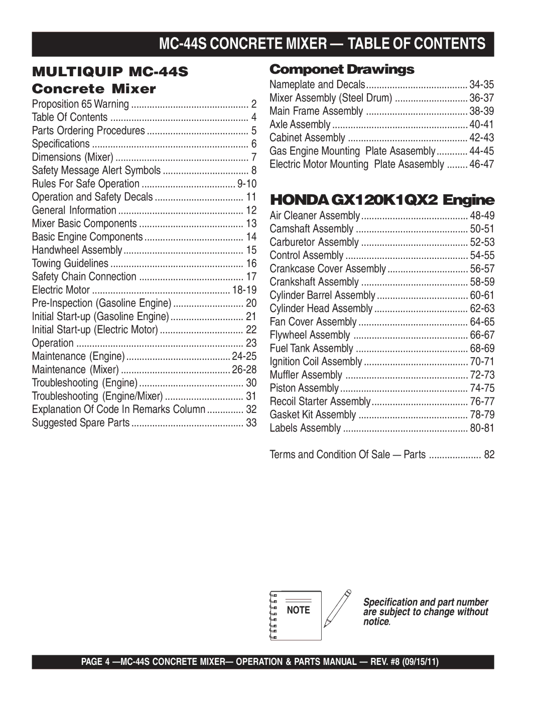 Multiquip manual MC-44S Concrete Mixer Table of Contents 