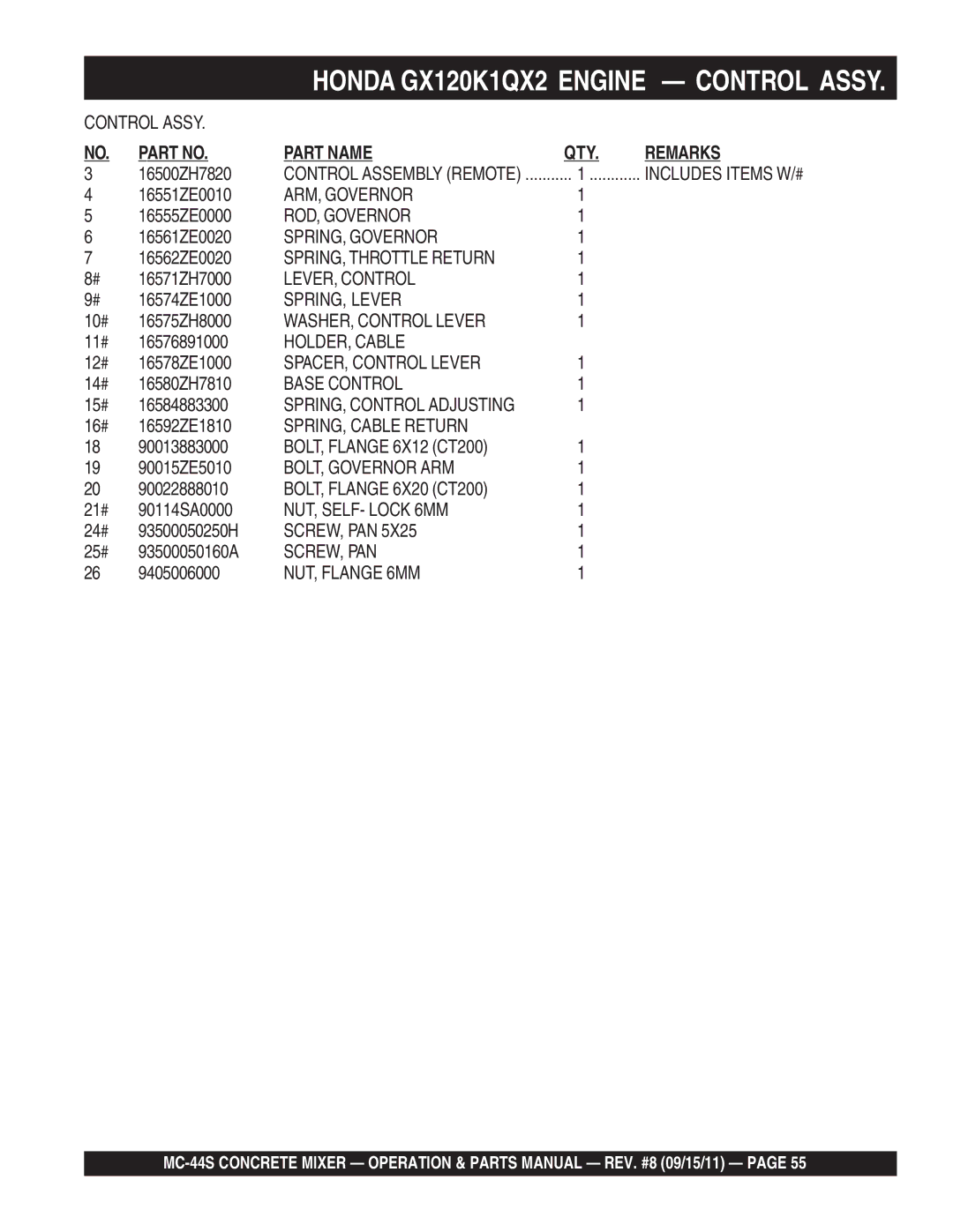 Multiquip MC-44S ARM, Governor, ROD, Governor, SPRING, Governor, SPRING, Throttle Return, LEVER, Control, SPRING, Lever 