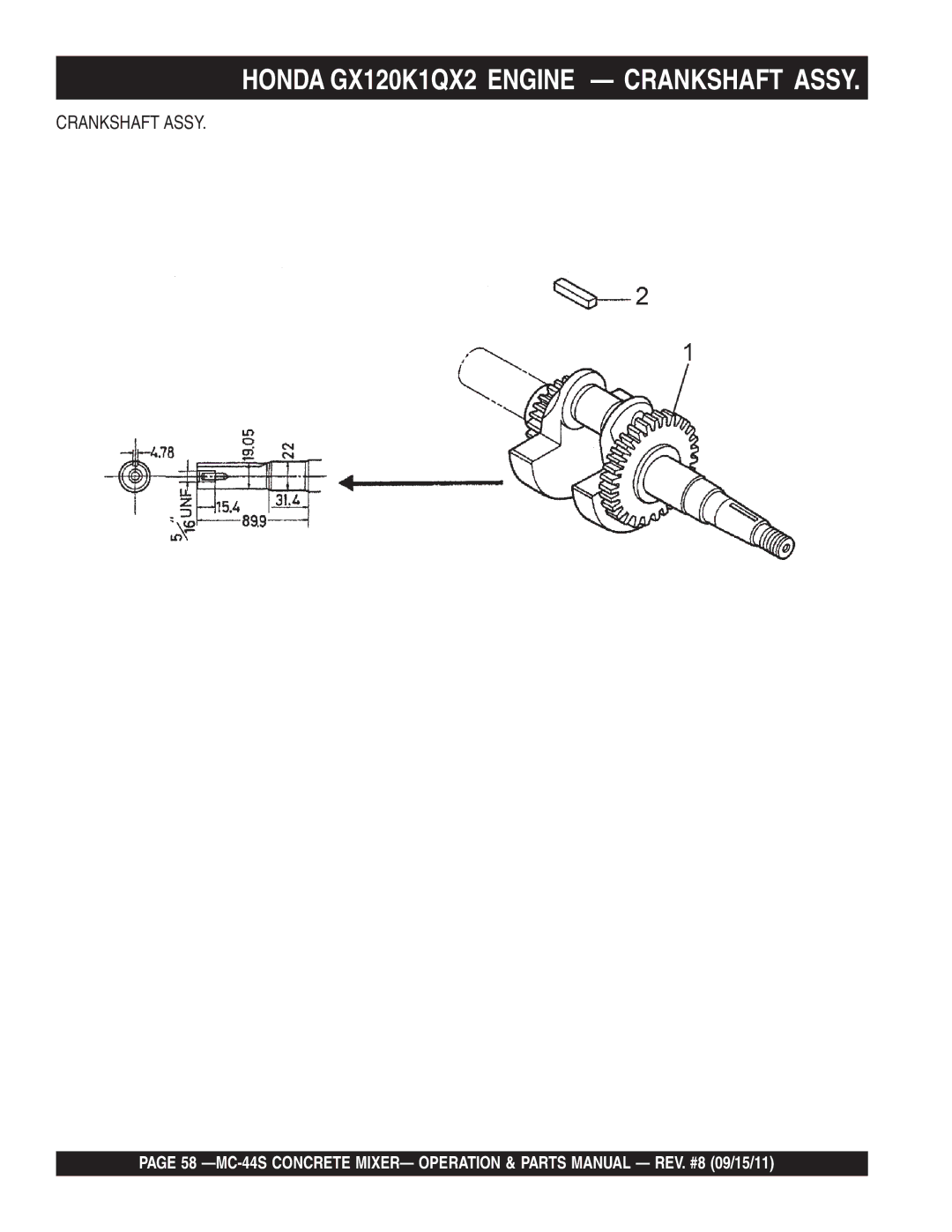 Multiquip MC-44S manual Honda GX120K1QX2 Engine Crankshaft Assy 