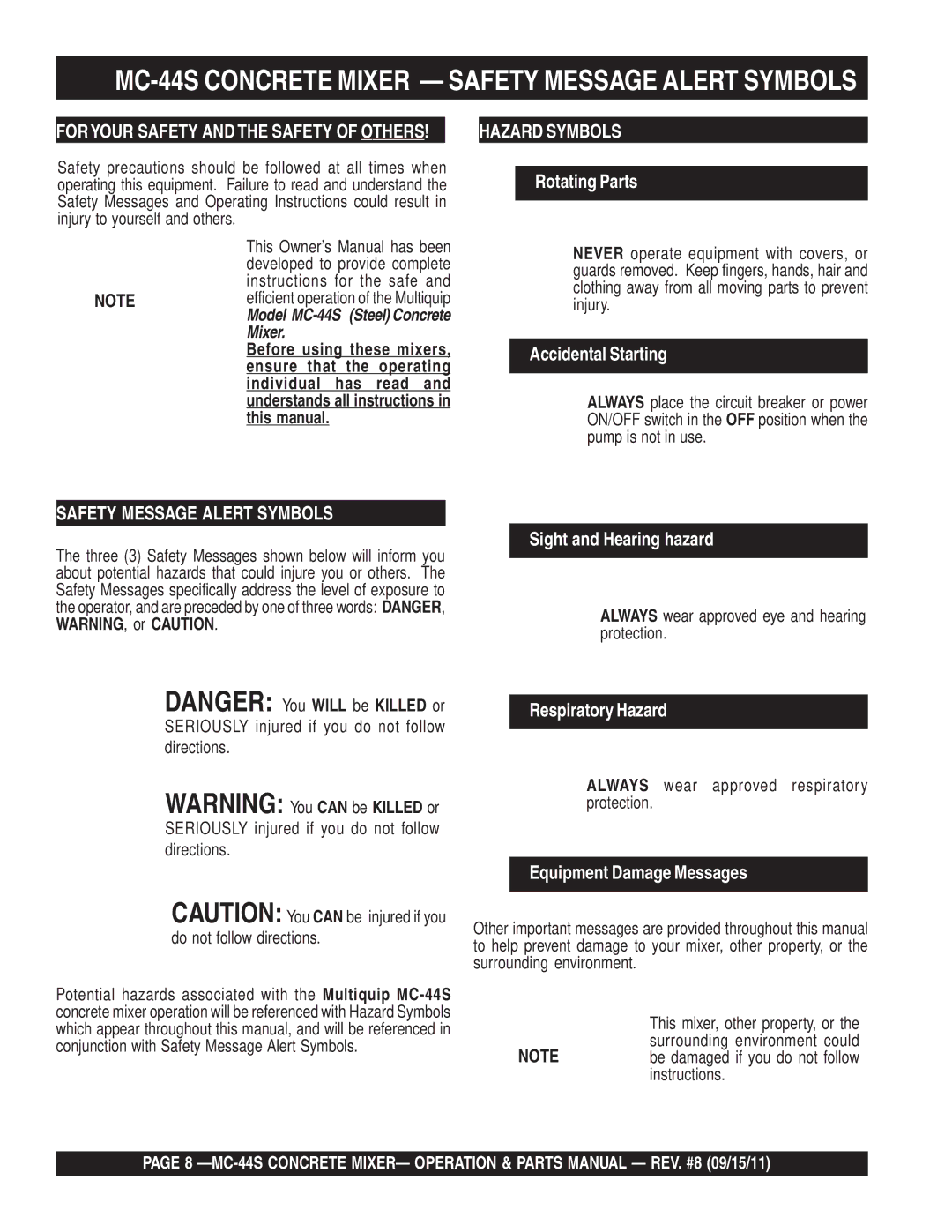 Multiquip MC-44S Concrete Mixer Safety Message Alert Symbols, Ensure that, Individual has Read, This manual 