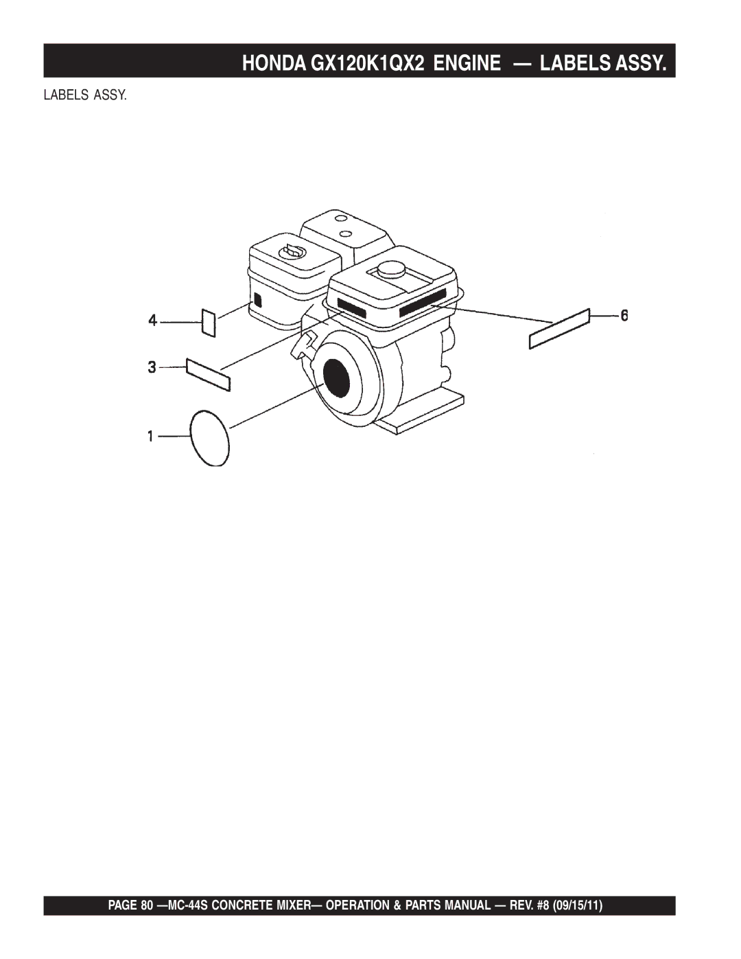 Multiquip MC-44S manual Honda GX120K1QX2 Engine Labels Assy 